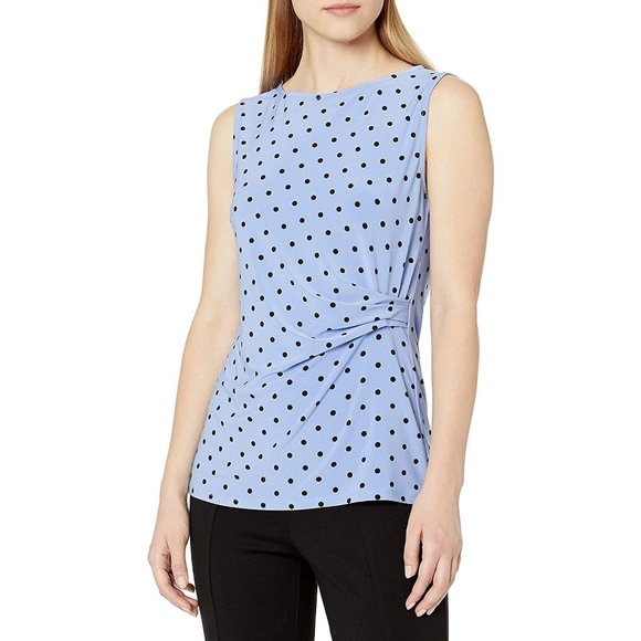 New Anne Klein Blue Ruched Polka Dot Tank Top - Picture 2 of 3